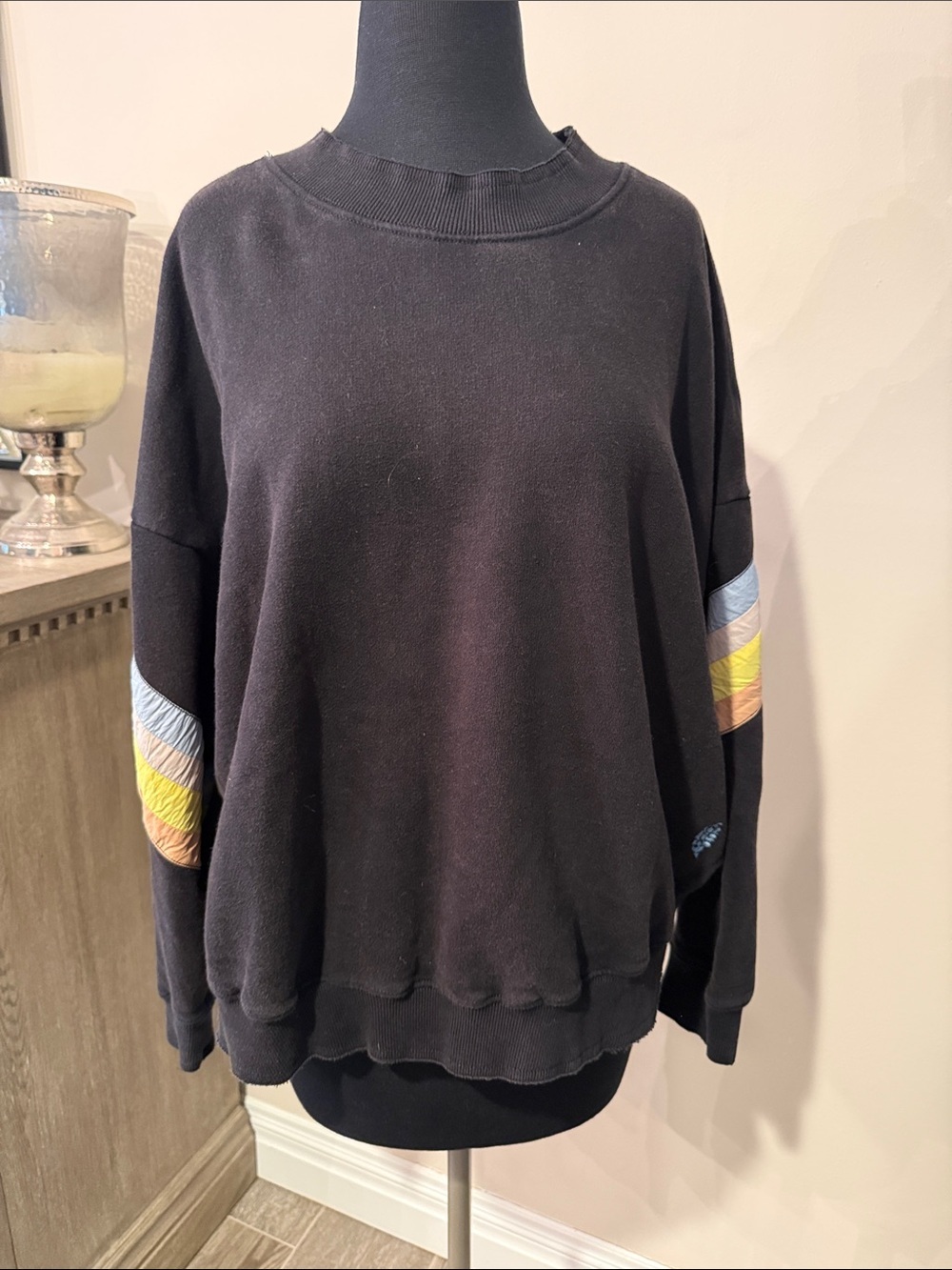 Free People Crewneck Sweater with Colorblock Sleeve Stripes